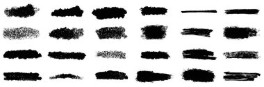 Fırça darbeleri, siyah mürekkep çizgileri, beyaz arka planda boya fırçası grunge desenli vektör soyut seti. Boya fırçası darbeleri ve mürekkep lekeleri.