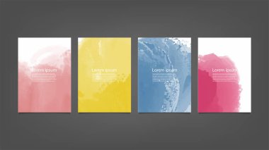 Poster, broşür veya el ilanı, suluboya posterler, el ilanları veya kartlar için renkli vektör arkaplan seti. Kırmızı arkaplan boyalı pankart şablonu. Vektör çizimi. Kartvizit için hafif akvaryum seti. Yüzüyor 