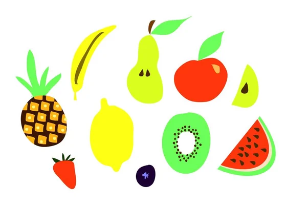 Illustration de fruits. Banane, pomme, pastèque, citron, ananas — Image vectorielle