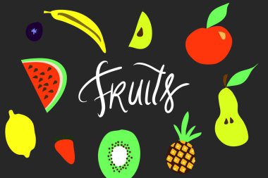 Meyve illüstrasyon. Muz, elma, karpuz, limon, ananas