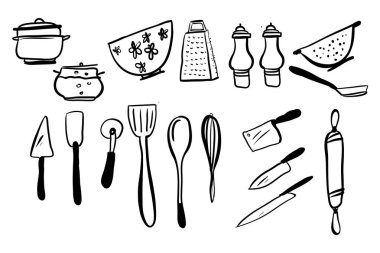 Mutfak el ekipman vektör çizim çekilmiş