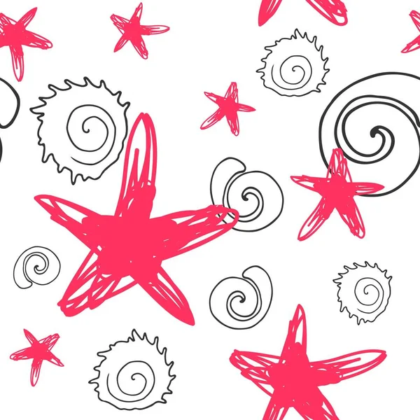 Ilustração desenhada à mão. Estrelas do mar e conchas. Padrão sem costura — Vetor de Stock