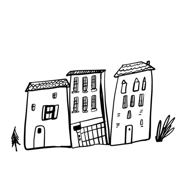 Häuser Illustration Für Ihren Entwurf Kleine Handgezeichnete Linienbauzeichnung — Stockvektor
