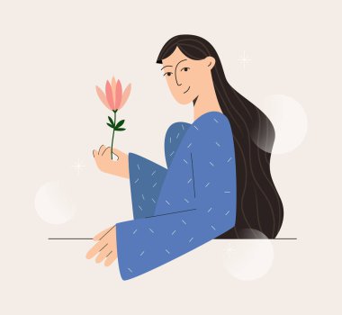 Gülümseyen beyaz kadın elinde güzel bir çiçek tutuyor. Elinde lale olan zarif bir kız. Uluslararası Kadınlar Günü 'n kutlu olsun. Kız gücü, feminizm, Sevgililer Günü. Düz biçimli modern vektör illüstrasyonu