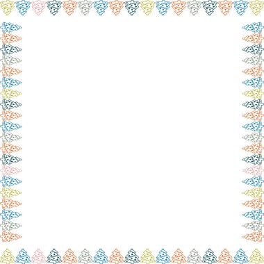 Renkli çam ağacı çerçevesi. Noel ağacı elementleriyle kutlama şablonu. Metnin için boş alanı olan parlak kenarlık. Bebek partisi tasarımı