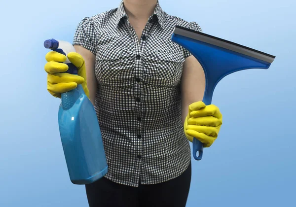 Woman Hands Rubber Gloves Holding Bottle Liquid Detergent Scraper Cleaning — Stock Photo, Image