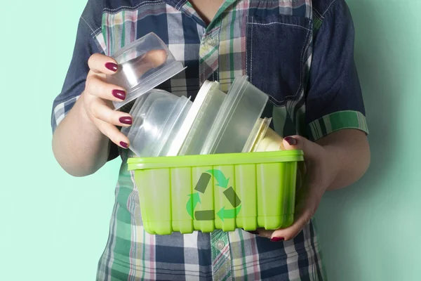 Woman Hands Holding Recyclable Garbage Plastic Containers Recycling Symbol Recycling — Stock Photo, Image