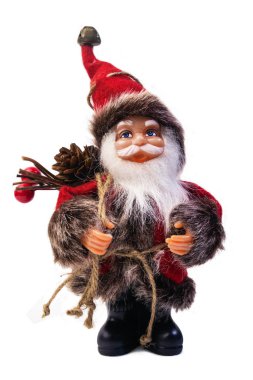 Sevimli izole Noel Baba oyuncak hediye çanta ile. Noel baba bebek fotoğraf.