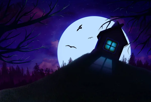 Night wonderful landscape with solitary house on the hill, full moon, forest and birds. Fantastic view, illustration. Halloween concept.