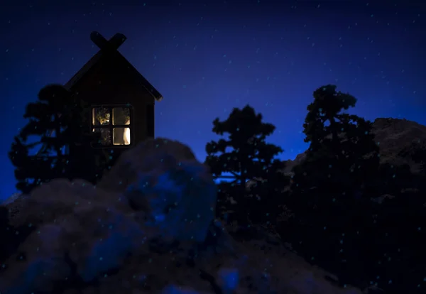 Paisagem Noturna Inverno Com Casa Árvores Montanhas Cobertas Neve Inverno — Fotografia de Stock