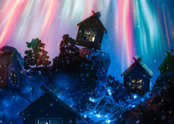 Natt Jul Vinter Komposition Med Hus Bergen Fyrverkerier Och Fallande — Stockfoto