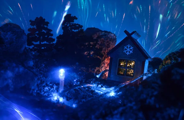 Night Winter Landscape House Mountains Festive Fireworks Winter Christmas New — Stock Photo, Image