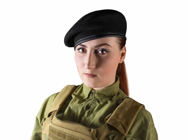 Retrato de uma mulher soldado em boina miliar . — Fotografia de Stock