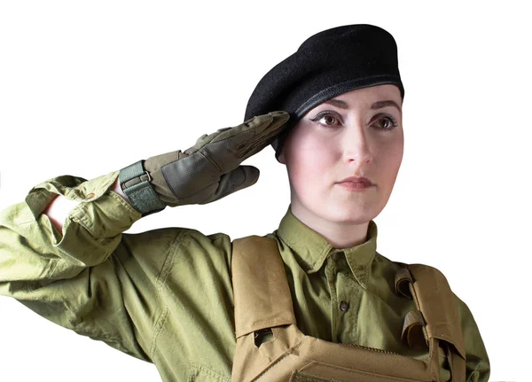 Una mujer soldado en boina militar saludando . — Foto de Stock