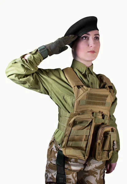 Soldado militar mulher saudando . — Fotografia de Stock