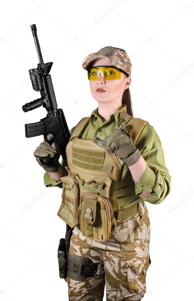 Fully equipped military soldier woman with rifle. 
