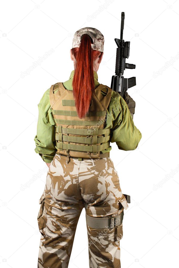 Military soldier woman with rifle, back view.