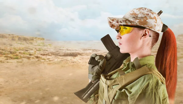 Military soldier woman with rifle, side view, portrait