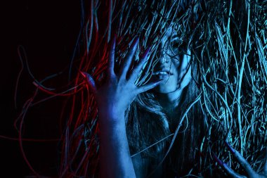 Gece ormanlarından korkunç bir cadı beliriyor. Cadılar Bayramı konsepti.