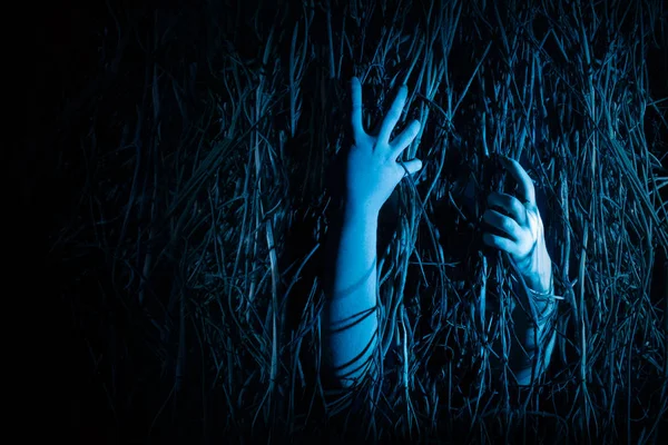 Korkak eller ormandan uzanıyor. Cadılar Bayramı konsepti.