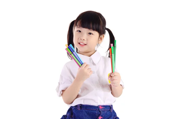 Petite Fille Asiatique Tenant Crayon Isolé Sur Fond Blanc École — Photo