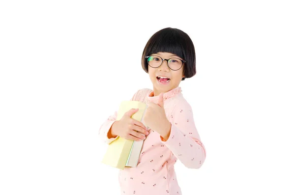 Portrait Young Happy Girl Holding Books Thumbs Gesture — Stock Photo, Image