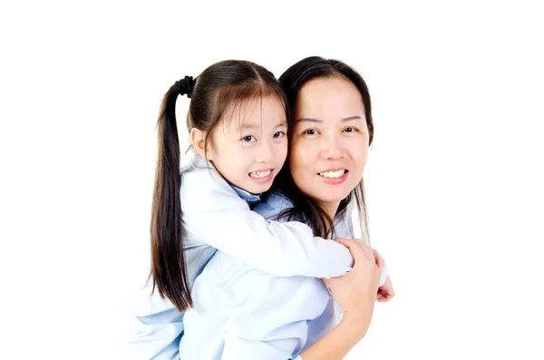 Cute Young Asian Girl Piggy Back Ride Her Mum Looking — Stock Photo, Image
