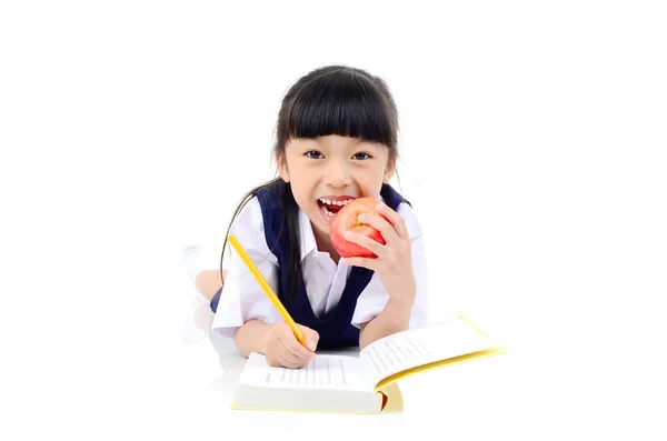Volta Escola Retrato Feliz Asiático Bonito Menina Criança Uniforme Escrevendo — Fotografia de Stock
