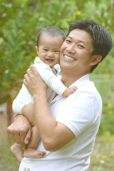 Happy Father Day Joyful Young Dad Hugging His Cute Son — Stock Photo, Image