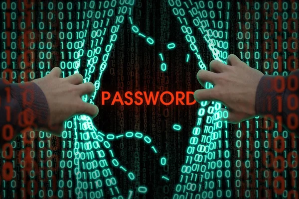 Hacking computer beveiligingssysteem, firewall. Hacker handen scheuren binaire code. Hacker komt in de computer, steelt persoonlijke gegevens. Data Security concept — Stockfoto