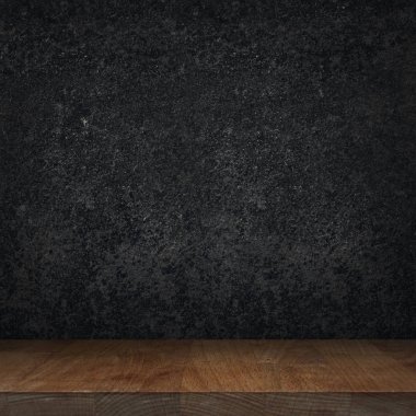 Boş ahşap üst masa ve siyah taş grafit mutfak arka plan, ahşap tezgah