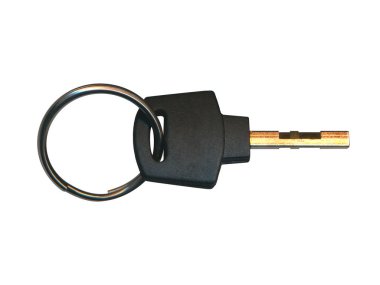 Modern metal anahtar beyaz arka plan üzerinde izole. Anahtar halka, turuncu tonda