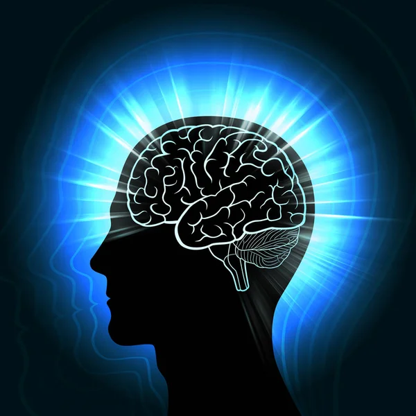 Beyin ve yayılan dalgalar, Aura parlayan bir anahat ile bir insan kafası Shining. Aura ve insan enerjisi organları ile siluet