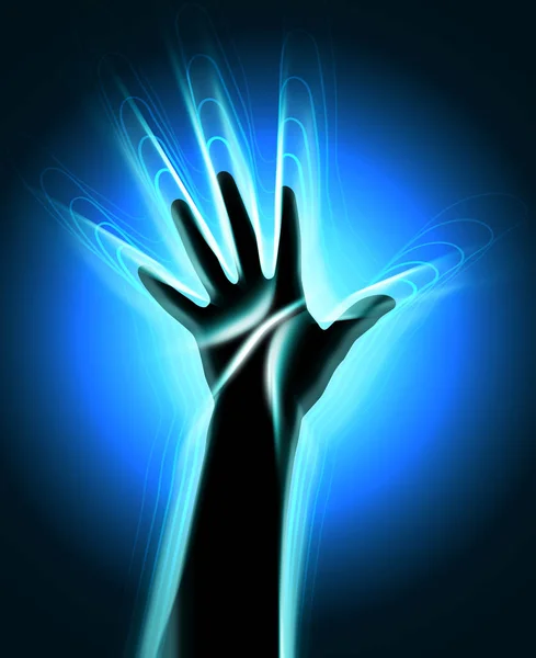 Die Kontur der menschlichen Hand mit den glühenden Wellen, die sie verlassen. Silhouette mit Aura und menschlichen Energiekörpern — Stockfoto