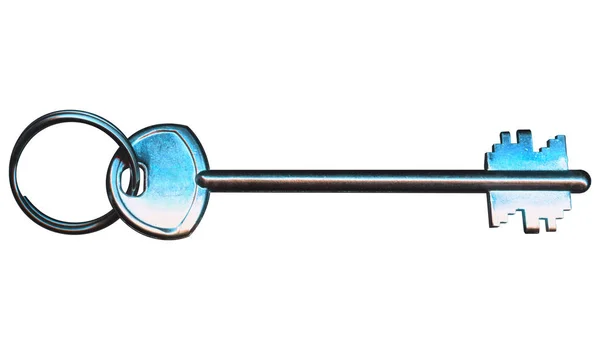 Moderner, glänzender Metallschlüssel auf Ring, in Blau getönt, isoliert auf Weiß — Stockfoto