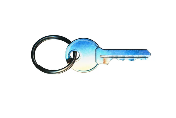 Modern metal key isolated on white background. Key on ring, toned in blue — Stock Photo, Image