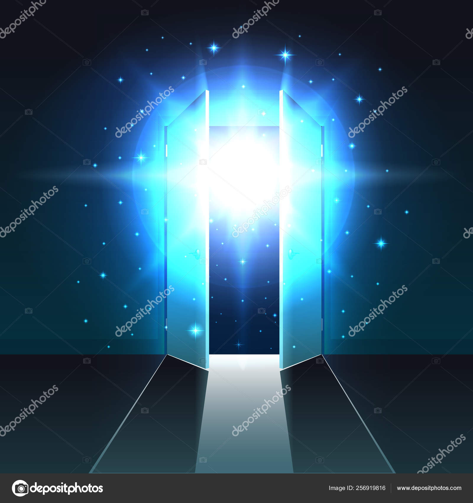 Grand opening illustration, background with open door, light and