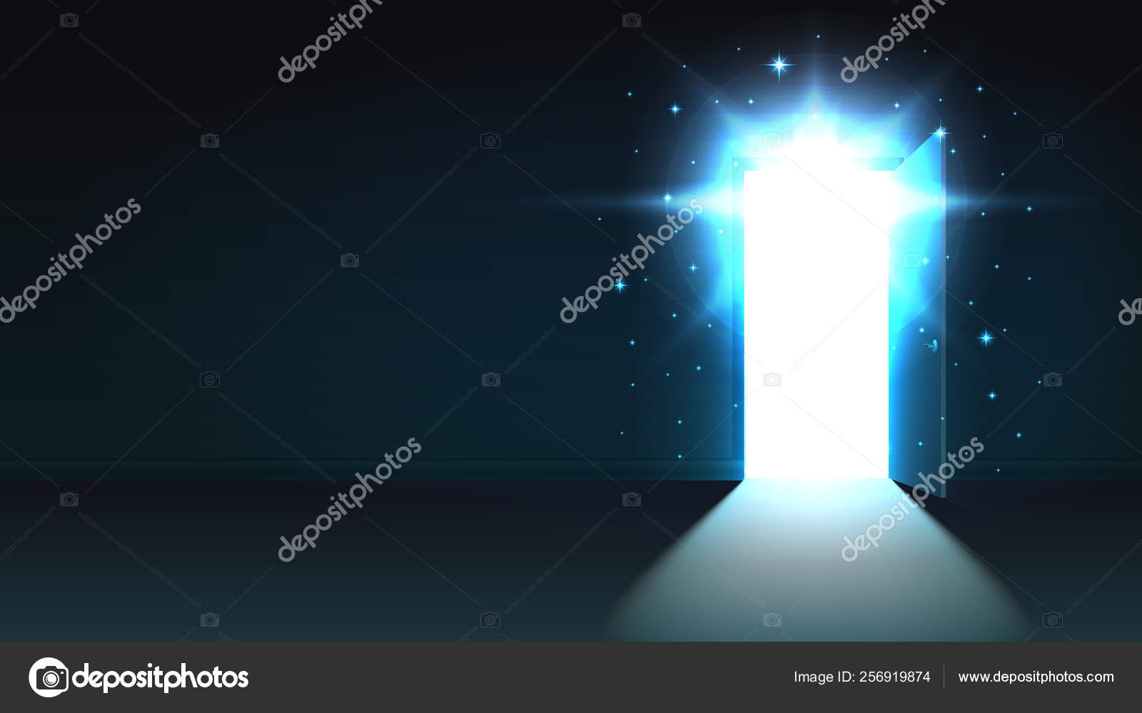 Grand opening illustration, background with open door, light and