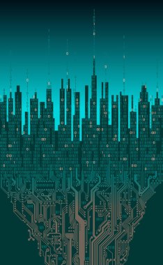 Online şehir. Yapay zeka ile soyut futuristik dijital şehir; Neural ağ; şeyler internet. Hi-Tech bilgi arka plan, dijital teknoloji kavramı