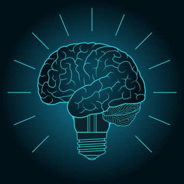 Beyin ve ampul ile soyut illüstrasyon. Buluş ve yenilik kavramı, yaratıcılık, fikir