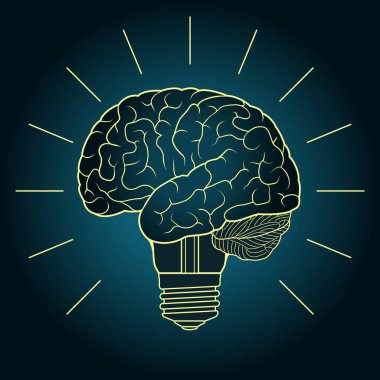 Beyin ve ampul ile soyut illüstrasyon. Buluş ve yenilik için tasarım konsepti, yaratıcılık, fikir