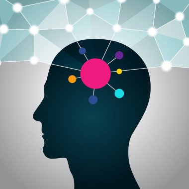 Sosyal ağdaki bir kişi, iletişim, bağlantılar, iş. İletişim simgeleri ile bir kafa silueti. Kafada küresel bir ağ. Düz tasarım