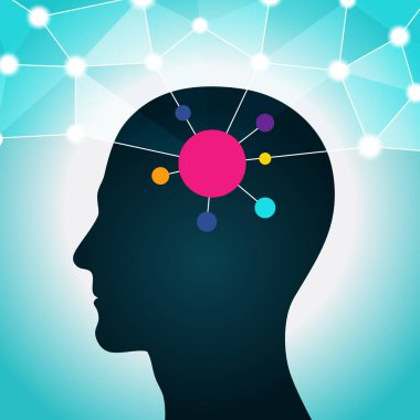 Bir sosyal ağ, iletişim, rehber, iş kişi. Kafasından küresel ağ. Düz tasarım, simgeler