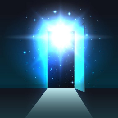 Karanlık bir oda, arka plan, açık kapı şablonu, soyut parlayan çıkış, alay açık kapıdan Mistik ışık