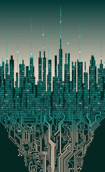 Город онлайн. Абстрактный футуристический цифровой город с искусственным интеллектом; нейронная сеть; интернет вещей. Информационный фон Hi-tech, концепция цифровой технологии — стоковый вектор