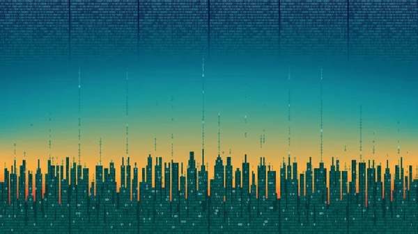 Ciudad en línea. Ciudad digital futurista abstracta con inteligencia artificial; red neuronal; internet de las cosas. Información de alta tecnología, concepto de tecnología digital, conexión en la nube — Archivo Imágenes Vectoriales