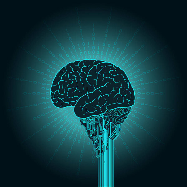 Мозг подключен к электронному устройству и облачному сервису. Концепция киборга
