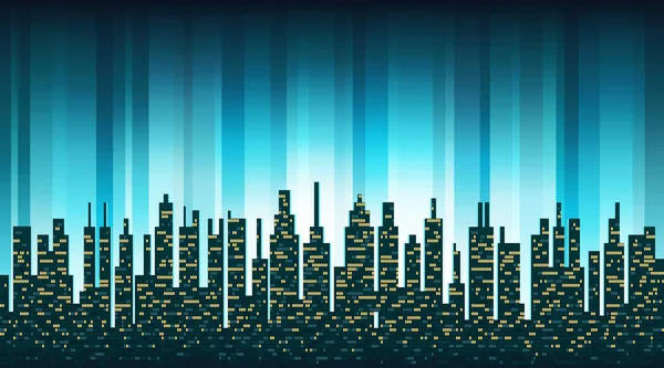 城市天际线剪影与被照亮的窗口在闪亮的天空的背景 — 图库矢量图片