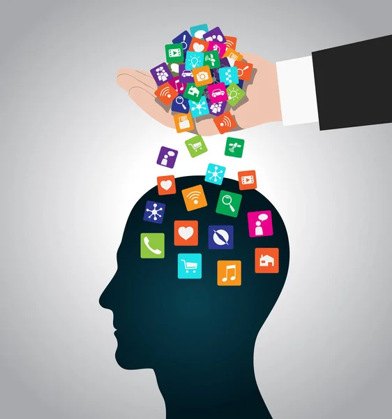 Ikona načítá ruce. Mobilní aplikace instalované do mozku, nahrazení mysli, ovládání myšlenek, Správa vnímání — Stockový vektor
