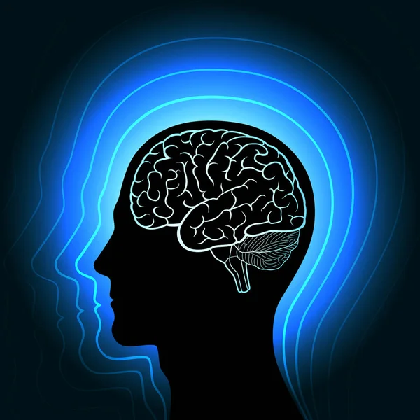 Beynin parlayan bir taslağı olan ve dalgalarda ondan yayılan bir insan kafası. Aura ve insan enerjisi organları ile siluet